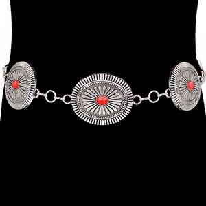 Silver & Red Boho Vintage Western Stone Concho Statement Belt